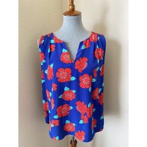 41 Hawthorn Women's Size Medium Blue Red Floral Print V-Neck Sleeveless Blouse
